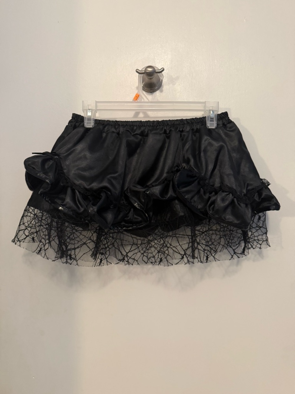 Rare Vintage Goth Black Burlesk Tiered Ruffle Spiderweb Lace Bows Micro Mini LG